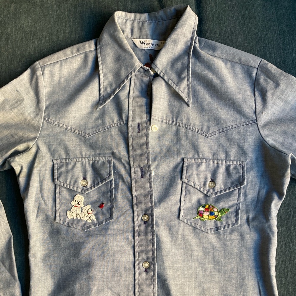 Wrangler Blue Denim-ish Shirt with Embroidered Animals